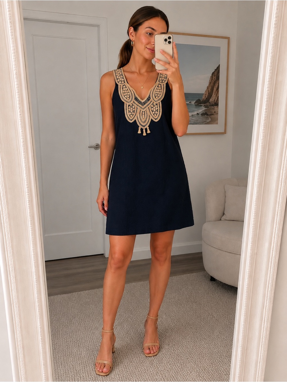 NWT Lily Pulitzer Navy & Gold Embellished Shift Dress Size 0